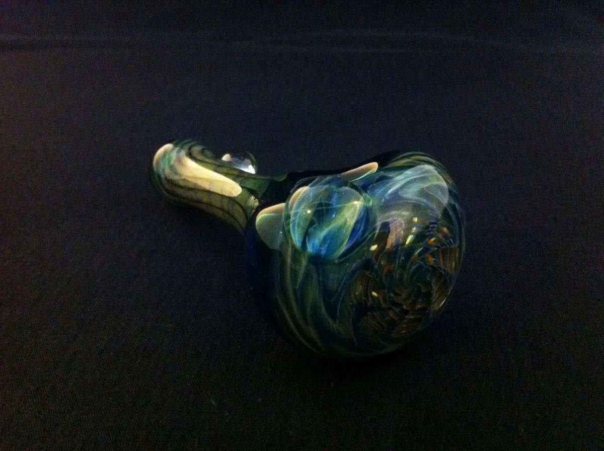 Lake Green Glass Silver and Gold Fumed Switchback Wrap Tobacco Spoon Pipe