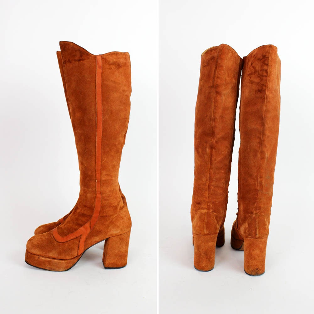 platform boots 7 / rust suede 1970s disco boots