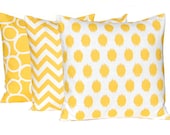 Decorative Throw Pillow Covers Chevron Dots Circles THREE 18 x 18 Inches - Yellow and White Geometric Design