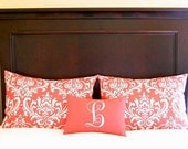 MEMORIAL DAY SALE Pillow Shams Coral Decorative Throw Pillow Covers Standard Full Queen Bedding 19 x 25 Coral Damask and Coordinating Monog
