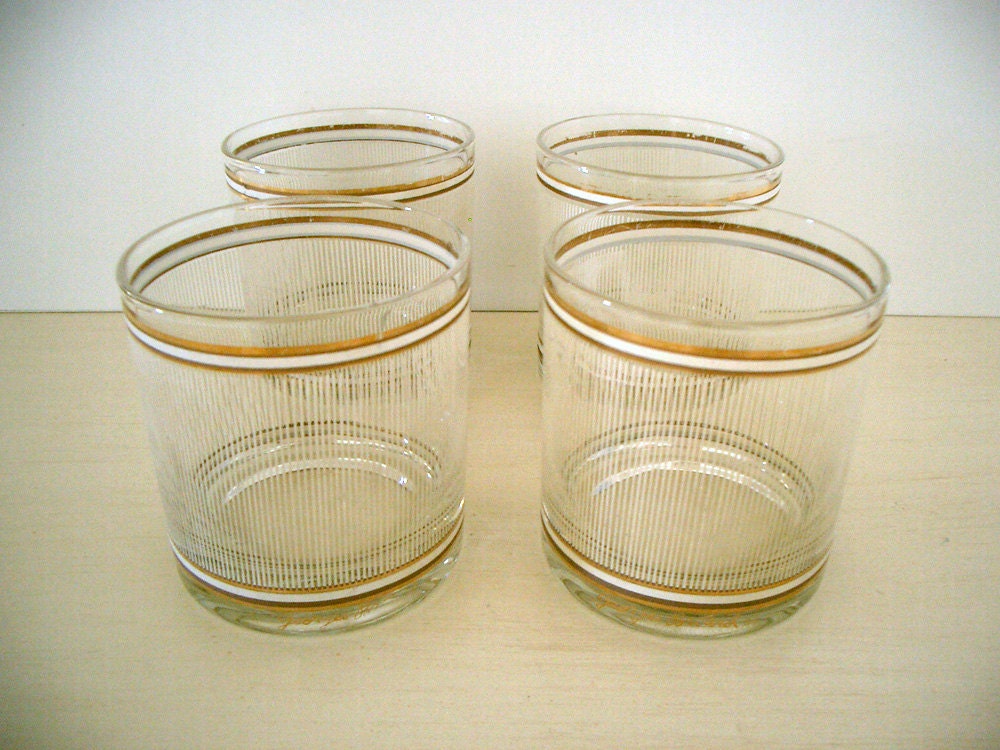 VINTAGE Georges Briard Gold and White Old Fashioned Glasses - Set of 4