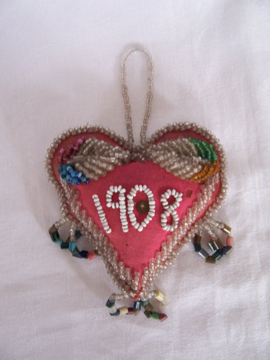 Vintage 1900's Native American Beaded Whimsey Pin Cushion - Pink Heart Shape