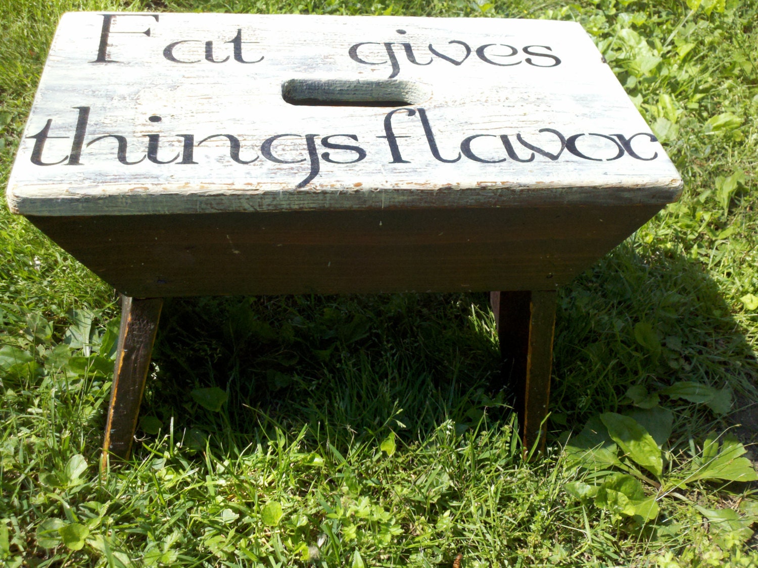 Antique Primitive Kitchen Stool, Bench  Bootjack Hand Painted Julia Child Quote