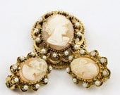 Carved Cameo Brooch and Earring Set - Vintage Signed Florenza