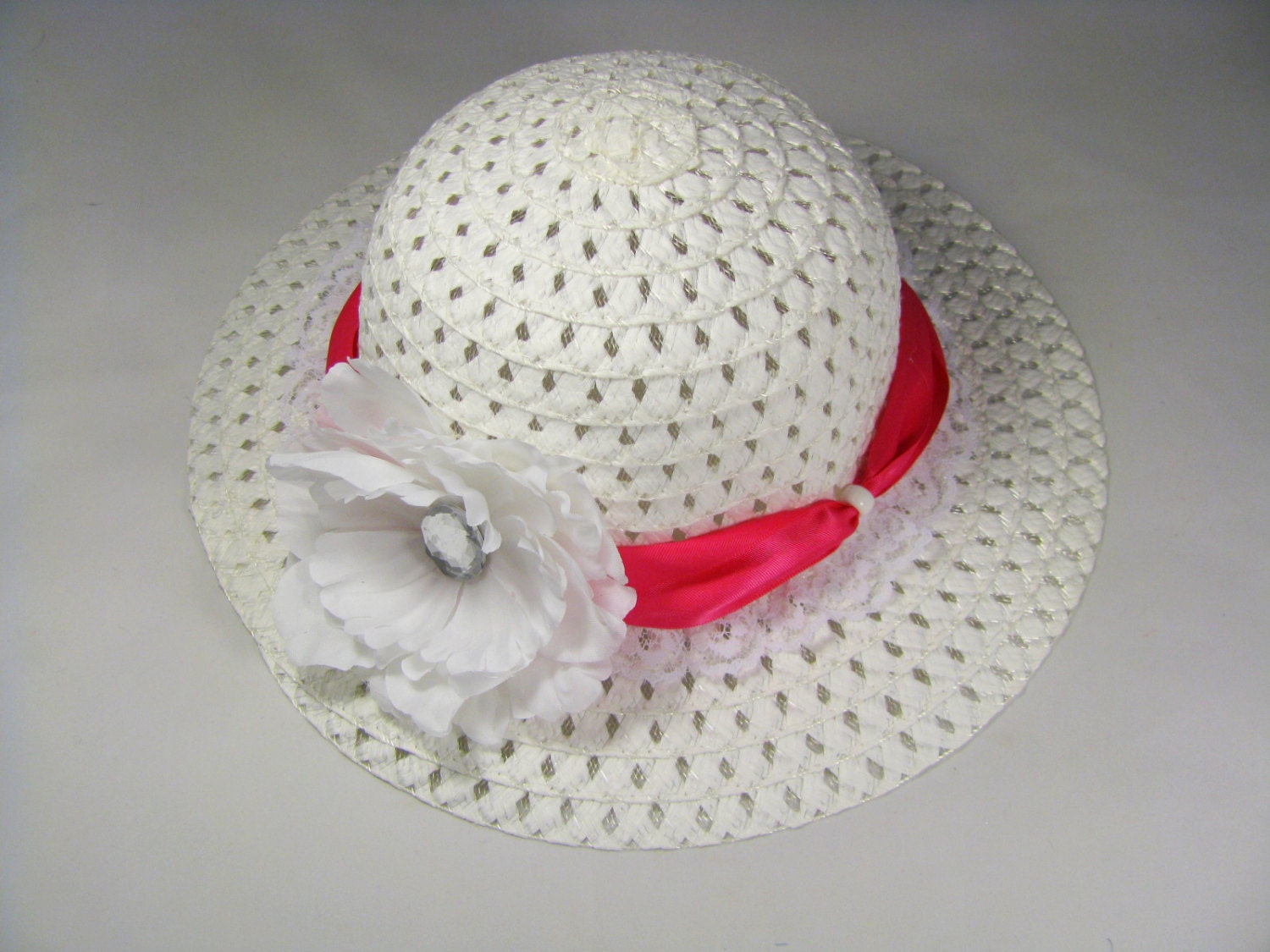 Tea Party Hat - Girls Sun Hat - White Easter Bonnet with Hot Pink Satin Ribbon - White Peony Flower - Style J12