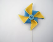 Pin wheel brooch - Yellow and blue pinwheel jewelry - metal stick pin brooch - FishesMakeWishes