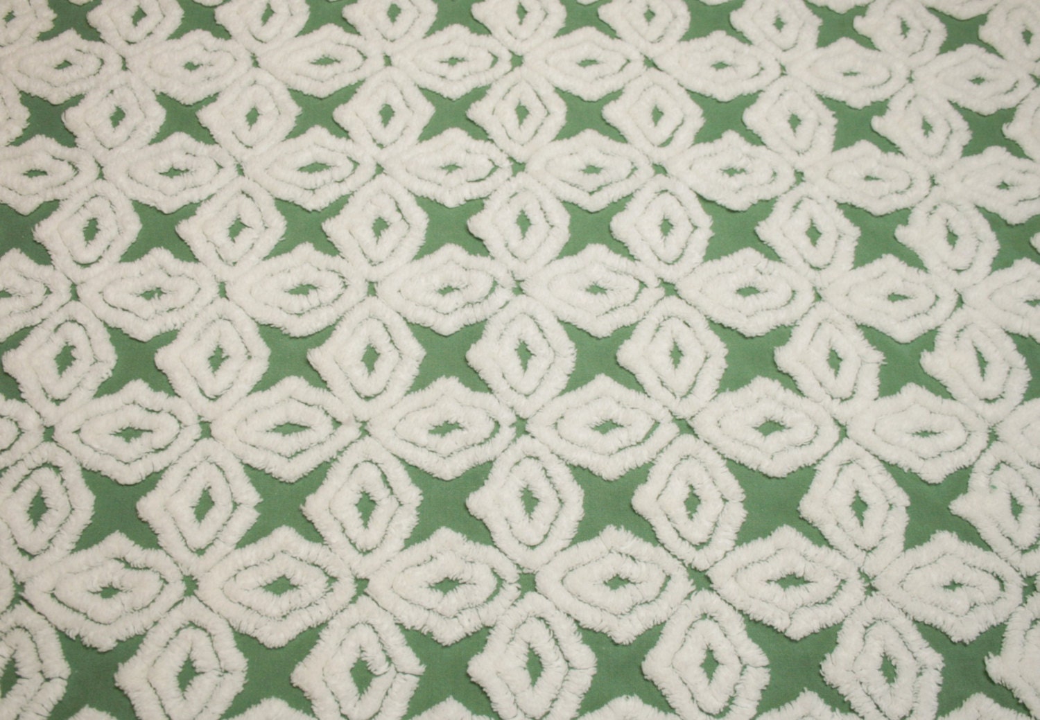 Forest Green Deco Diamond or Snowflake Hofmann Vintage Chenille Bedspread Fabric - 24 x 24 Inches