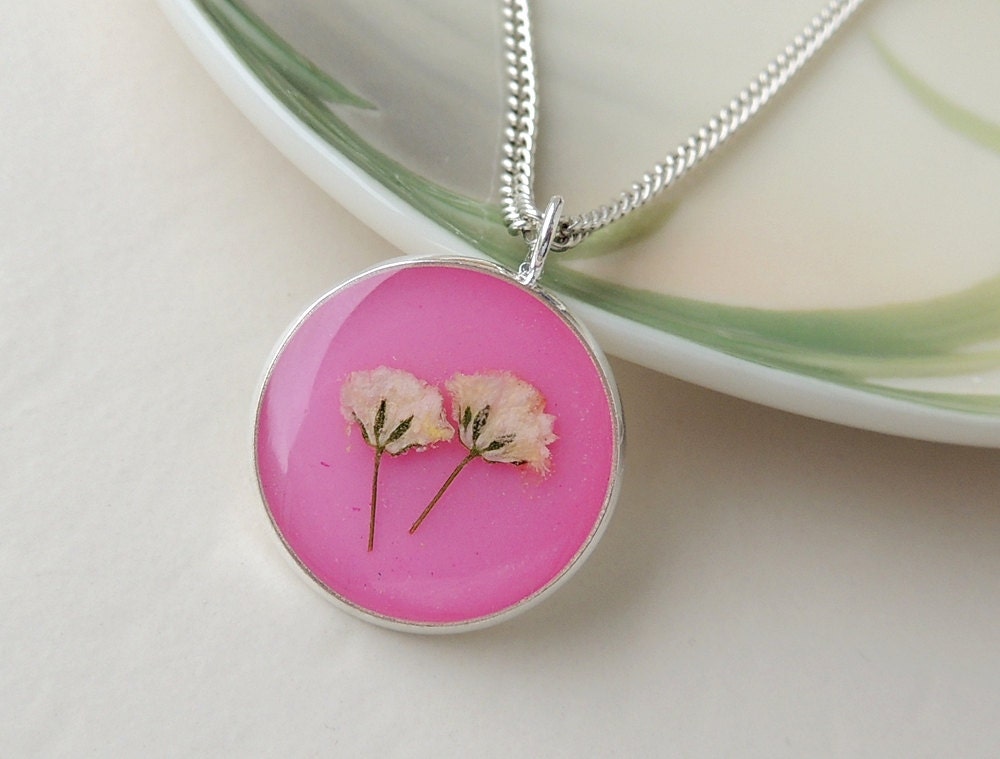 Pink Flower Pendant, Botanical Jewelry, Spring, Summer, Real Flower, Babies Breath Gypsophilia, Resin Jewelry