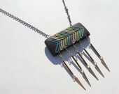 Embroidered Wood Chevron with Brass Spike Dangles--Green Yellow Turquoise