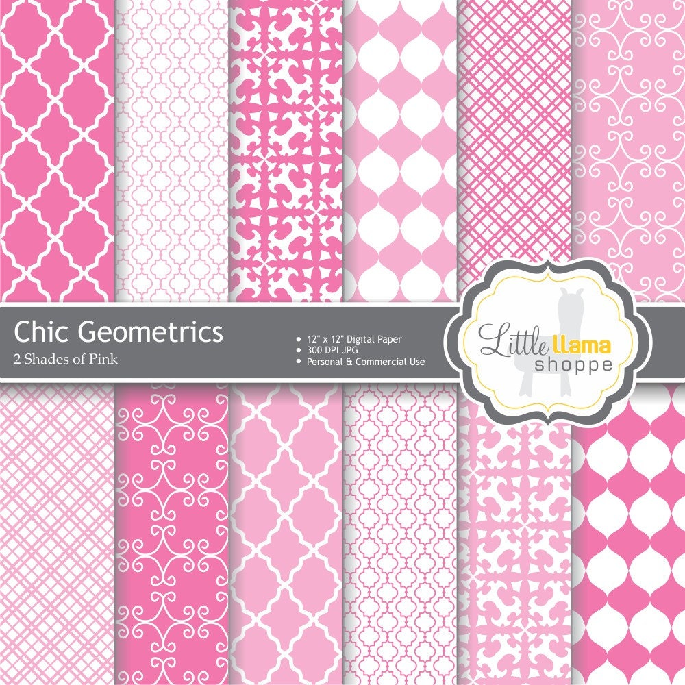 12 Digital Paper Pack in Fuschia and Pale Pink. Geometric Patterns for Scrapbooking and Crafts  INSTANT DOWNLOAD  Personal & Commercial