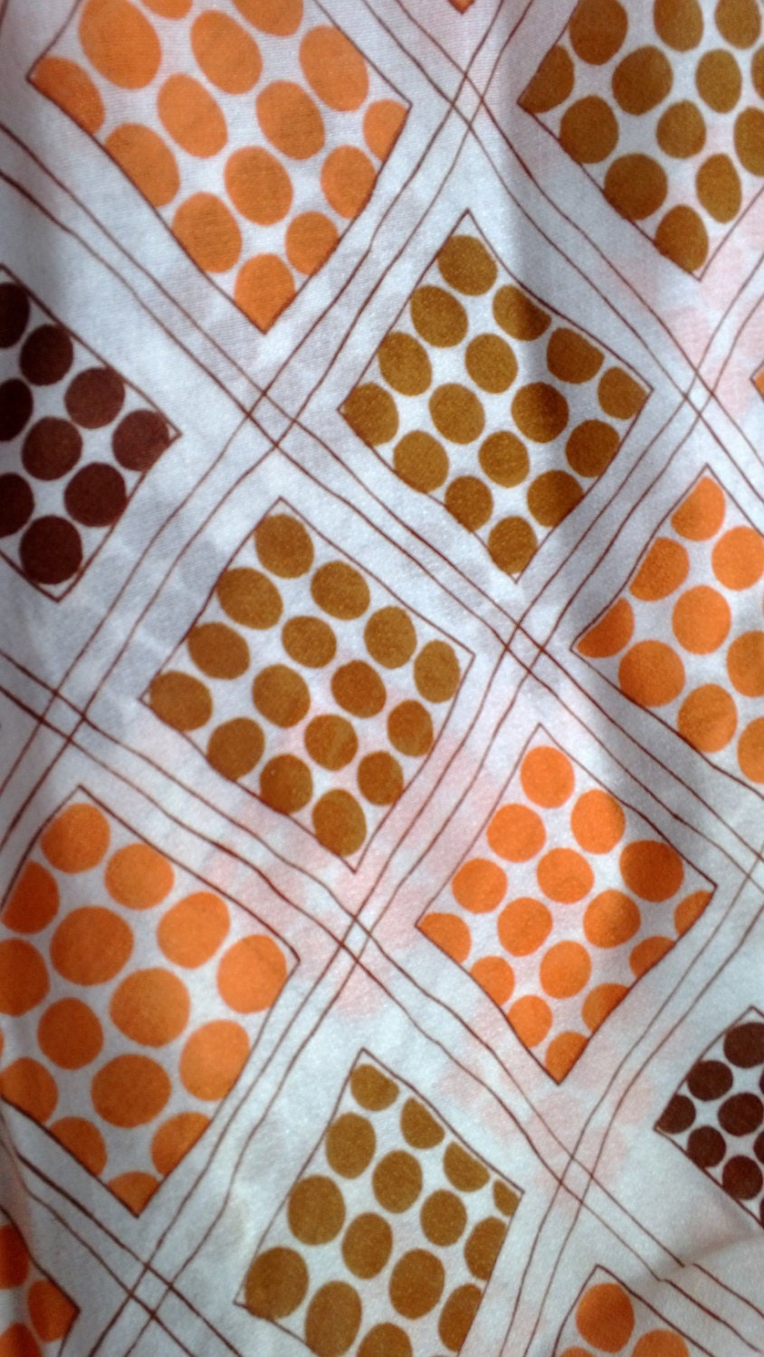 Vintage Rayon Fabric 2 1/4 Yards Brown and Orange Dots on White Print  X0210