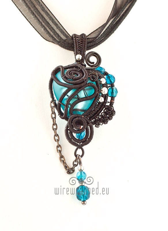 OOAK Aqua blue goth wire wrapped heart pendant