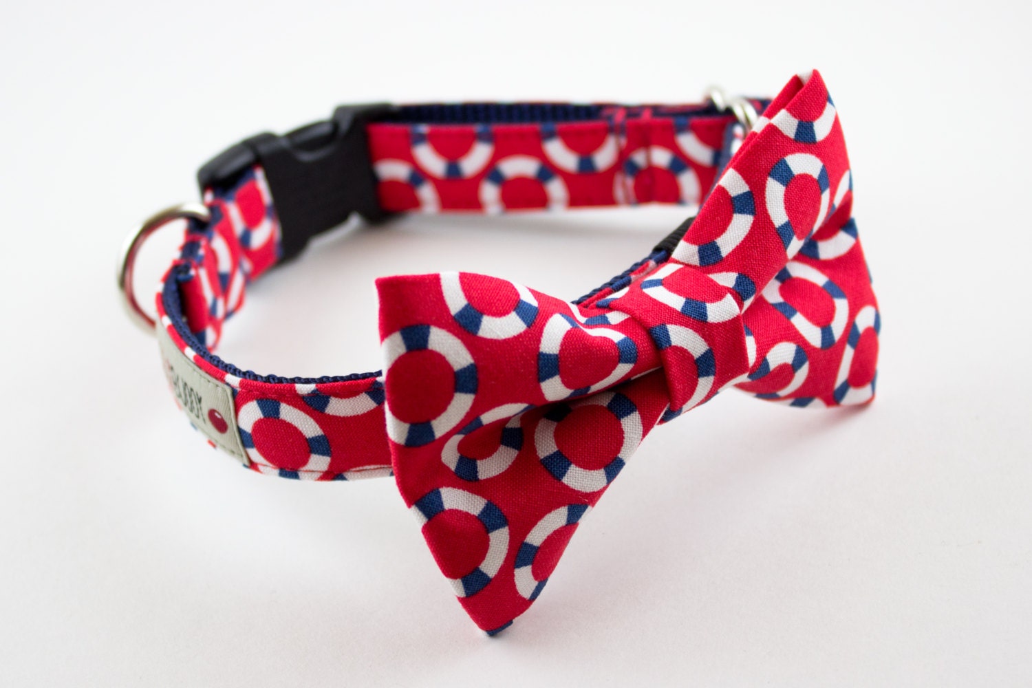 Red Lifesaver Nautical Bow Tie Dog Collar