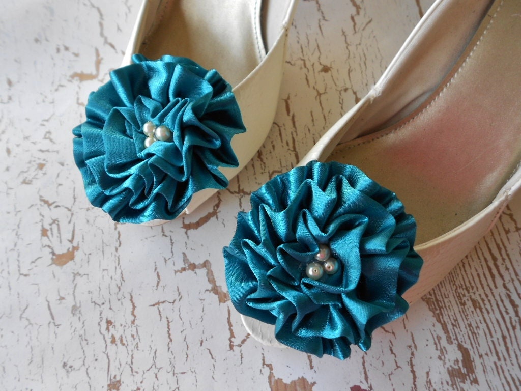Satin flower shoe or hair clips. Teal blue clips for weddings, parties fun times