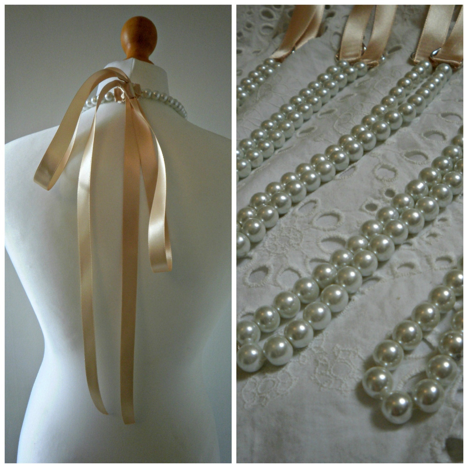 Bridesmaids Pearl Necklace Gifts Set of Four Pearl Ribbon Necklaces With White Pearls And Nude Satin Ribbon Bridesmaid Gifts