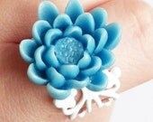 Something Blue Bridal Ring with blue lotus flower on a white filigree detail adjustable band in ivory gift bag wedding gift for bride