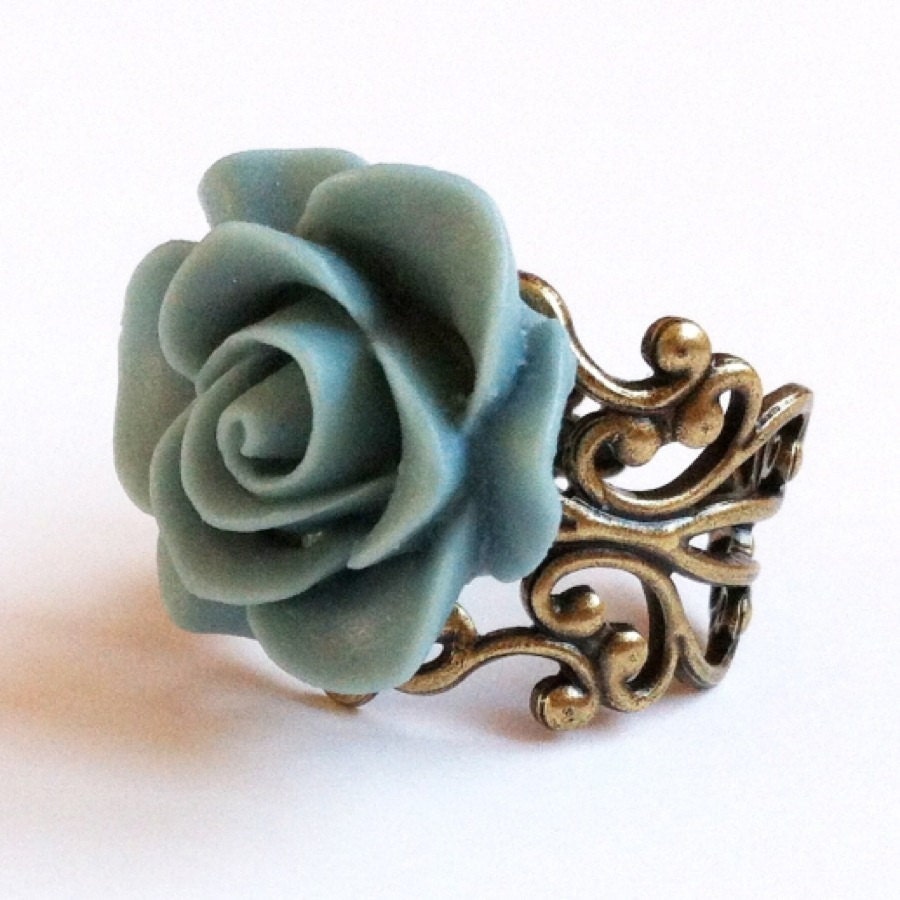 Something Blue Bridal Ring with blue rose on gold filigree adjustable band in gift bag wedding tradition bride wedding day jewelry