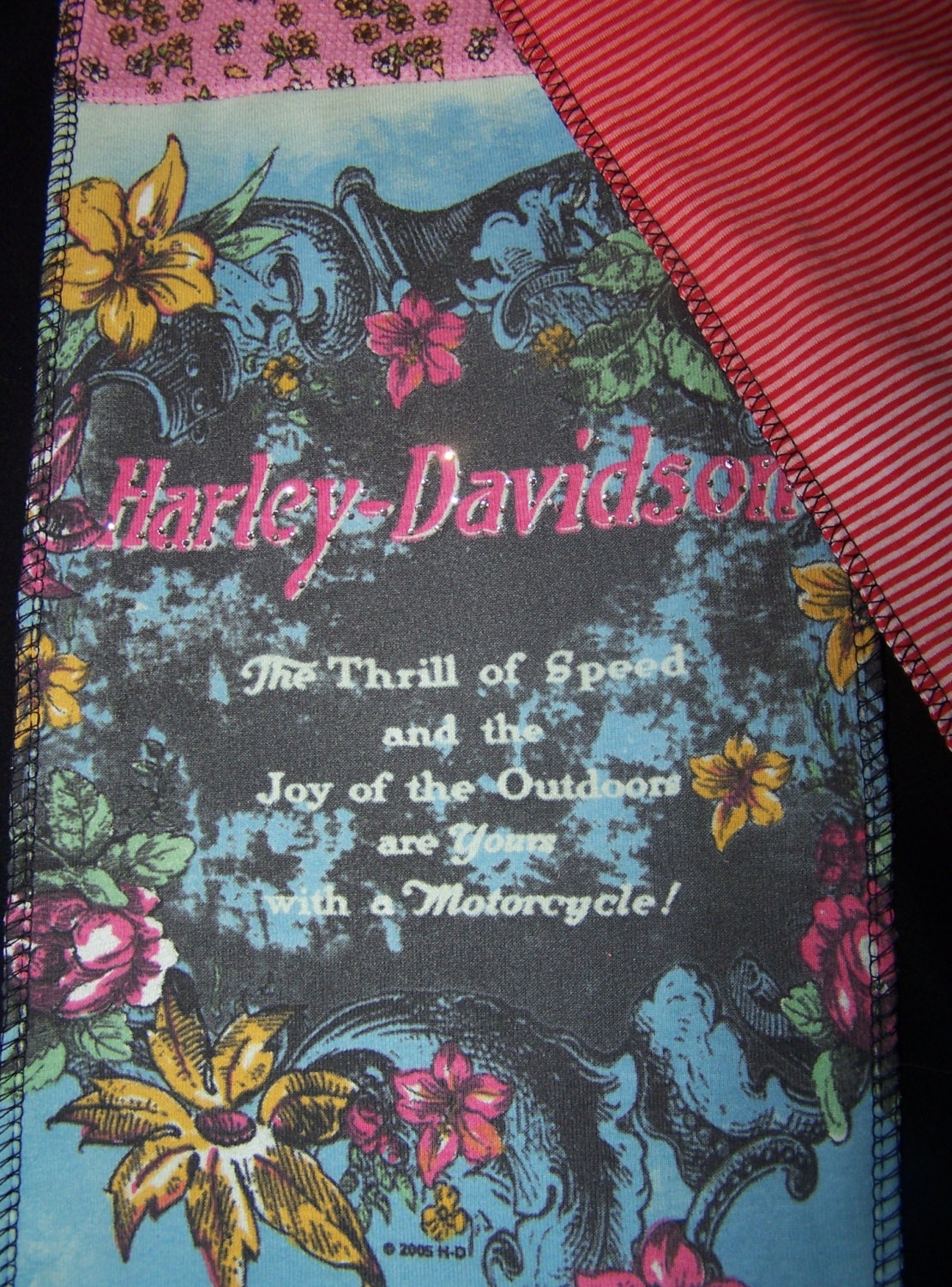 Upcycled, recycled t-shirt scarf tropical colors Harley Davidson "I love you" hand sign beaded