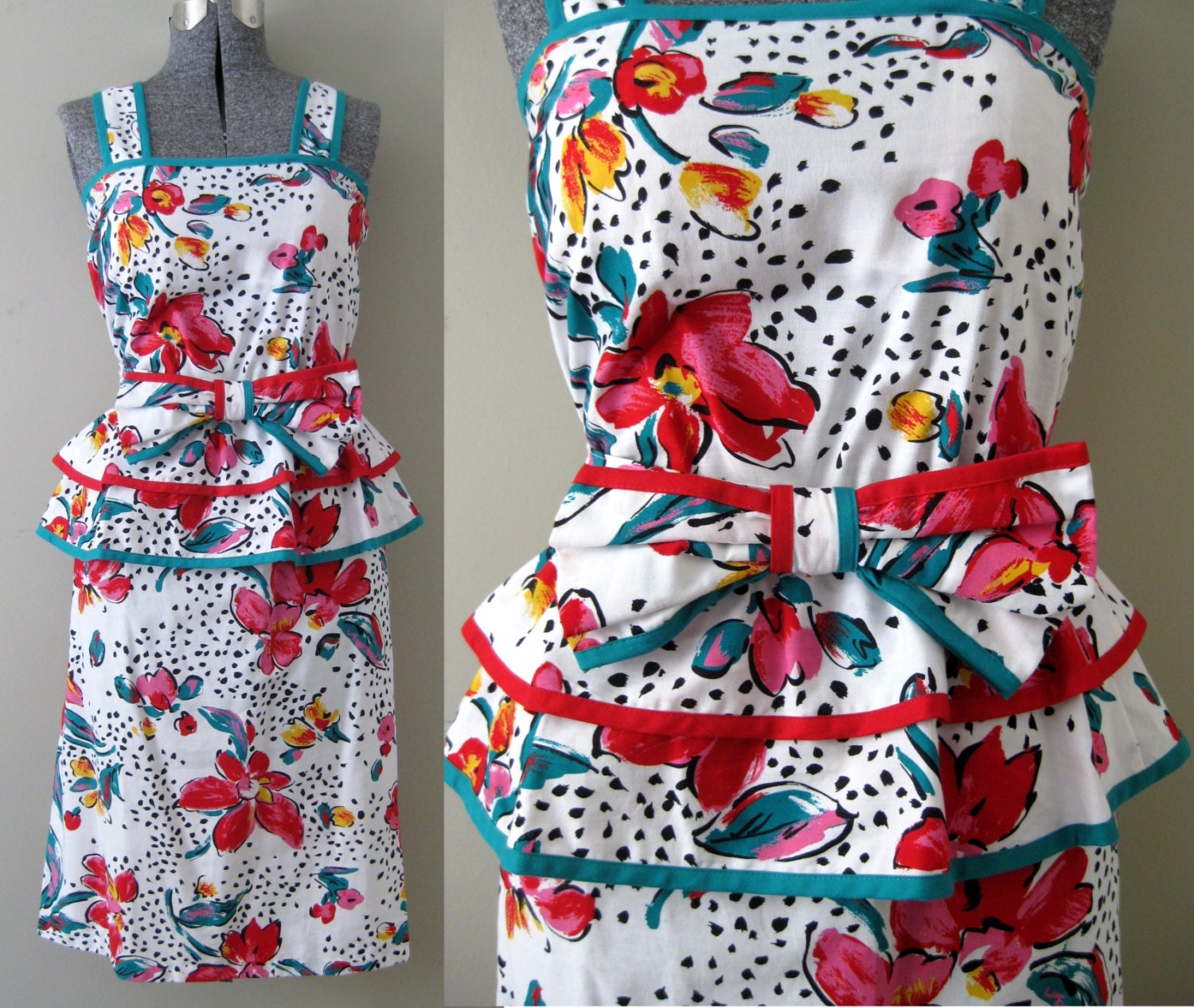 Vintage 80s do 50s Colorful Cartoon Wiggle Dress -Casual Cute Peplum Bow Girly Summer Fashion Sundress Hot Fuchsia Pink Red Green Heathers