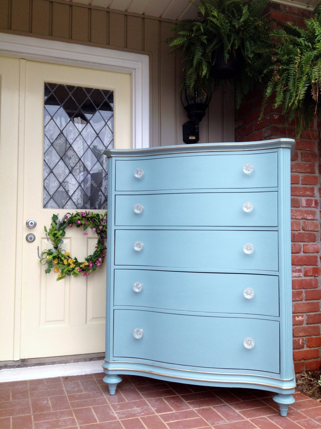 Painted Dresser Turquoise Gold Accents Glass Knobs