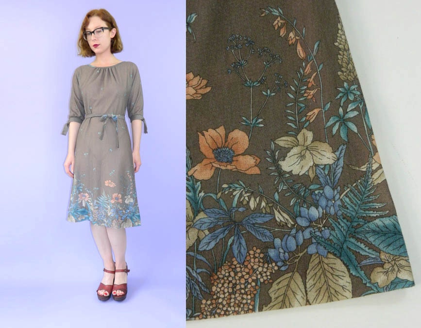 Sheer Floral Dress 1970s Boho Brown S/M