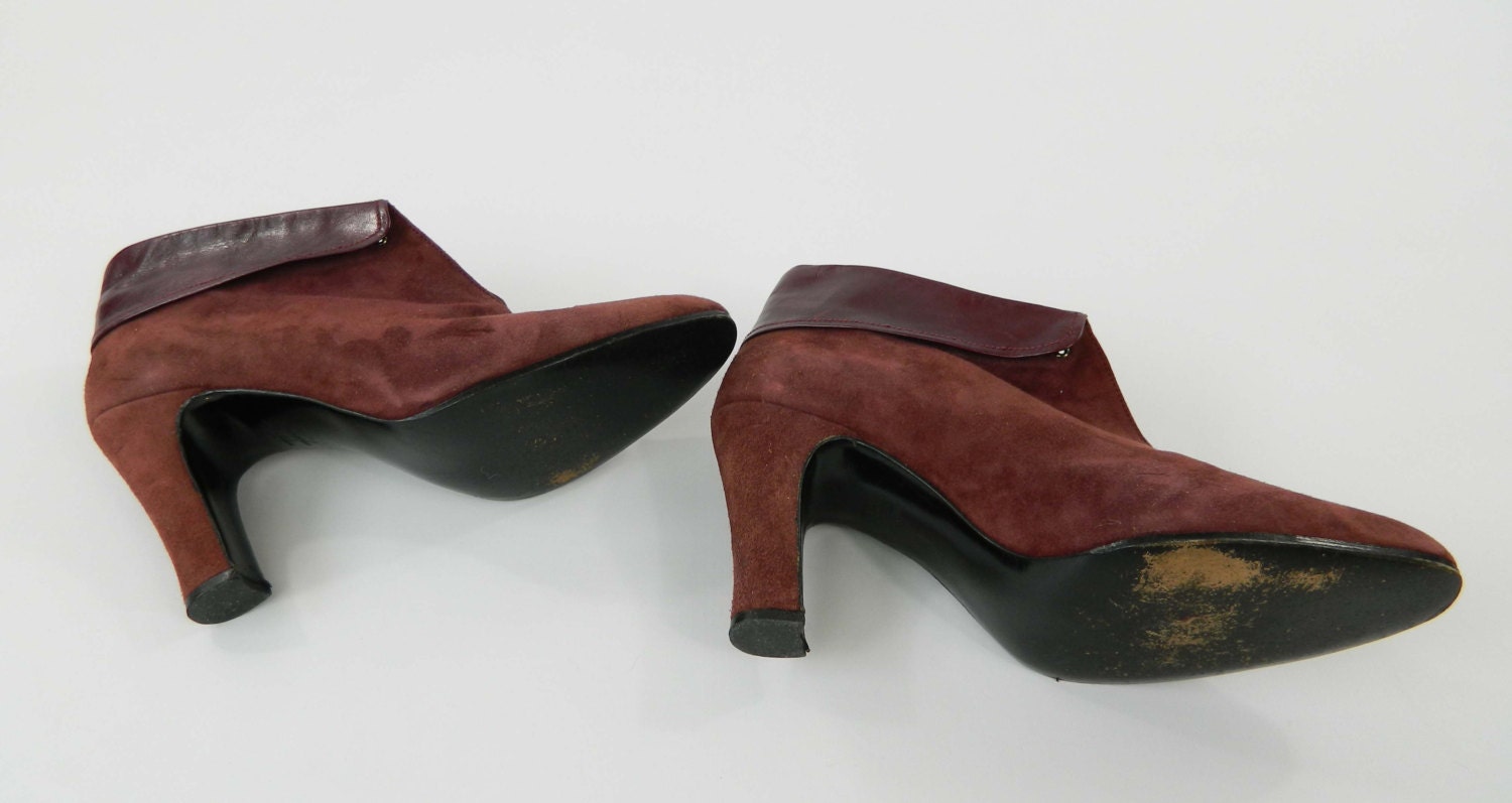 1970s Lanvin Designer Vintage Ankle Boots Mulberry Suede Leather Size 6.5