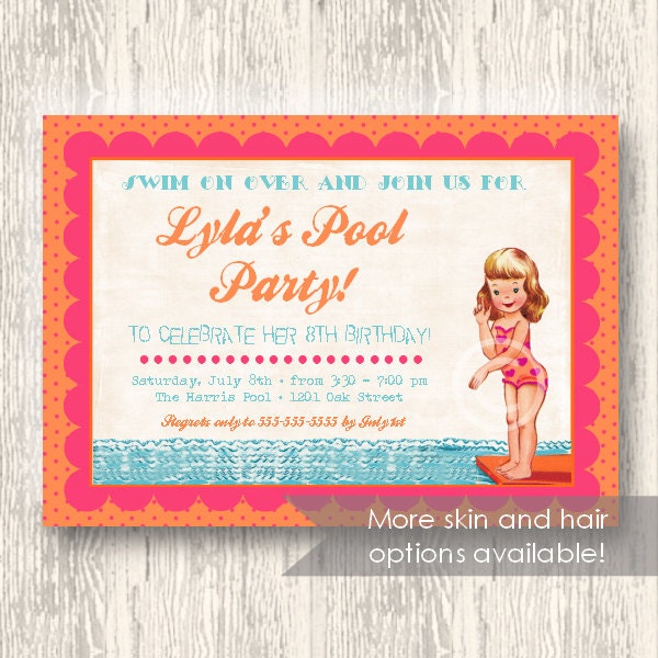 Vintage Pool Party Invitation for Birthday Party or Baby Shower - Girls DIY Printable Invite by BeeAndDaisy - Skin and Hair Options Il_570xn