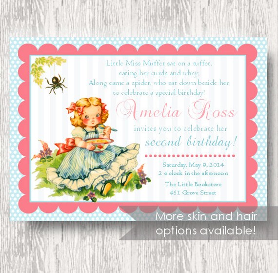 Vintage Miss Muffet Invitation for Birthday Party or Baby Shower - Little Girls DIY Printable Invite by BeeAndDaisy - Skin and Hair Options Il_570xn