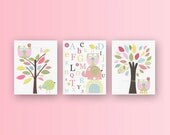Baby Girl Room Ideas: Nursery wall Art Print For Girls, Baby Girl Room Decor / Love Bird owl Elephant // Set of 3 8x10 // Hayley Bedding