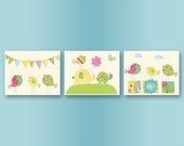 Baby girl Room Decor, Nursery Art, baby ..Set of 3 8x10, match the colors daisy pottery barn..pink, yellow, green, baby blue, bright colors