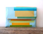 blue foldover clutch purse / stripes / blue aqua teal mustard brown tan green gold / spring and summer fashion / mothers day