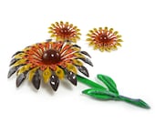 Enamel sunflower brooch and earrings - vintage clip ons