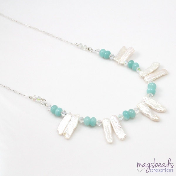 Aqua Blue Necklace, Stick Pearls, Amazonite Gemstone Beaded Necklace, Beach, Summer Fashion Jewelry, Chic, Wedding, Brides, Bridesmaids