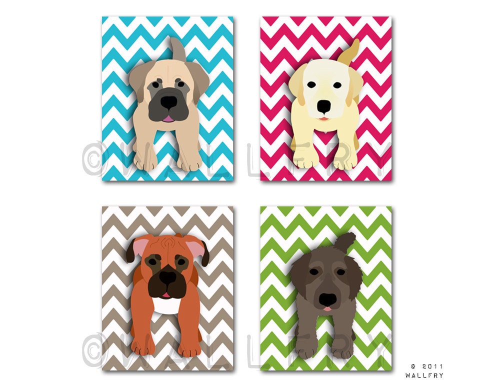 Chevron Dog prints. Pick Any 4 dogs. Baby nursery art, kids wall art. Children dog nursery decor. 4  8x10 prints by WallFry