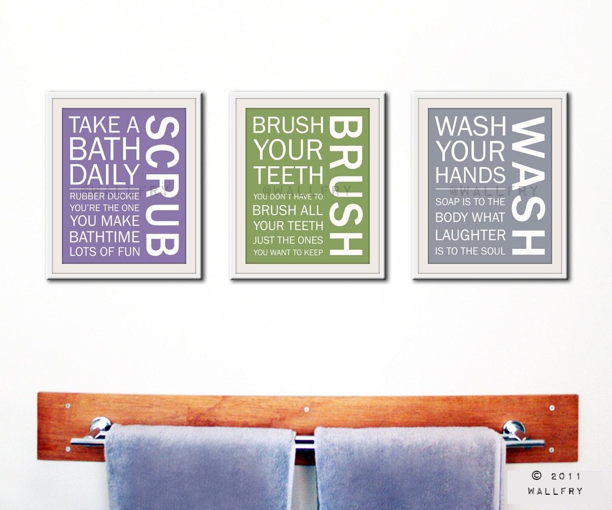 Bathroom art prints. Bathroom Rules. Kids bathroom wall quotes. Wash Brush Floss Flush. Typography. Set of 6- 8x10 prints by WallFry