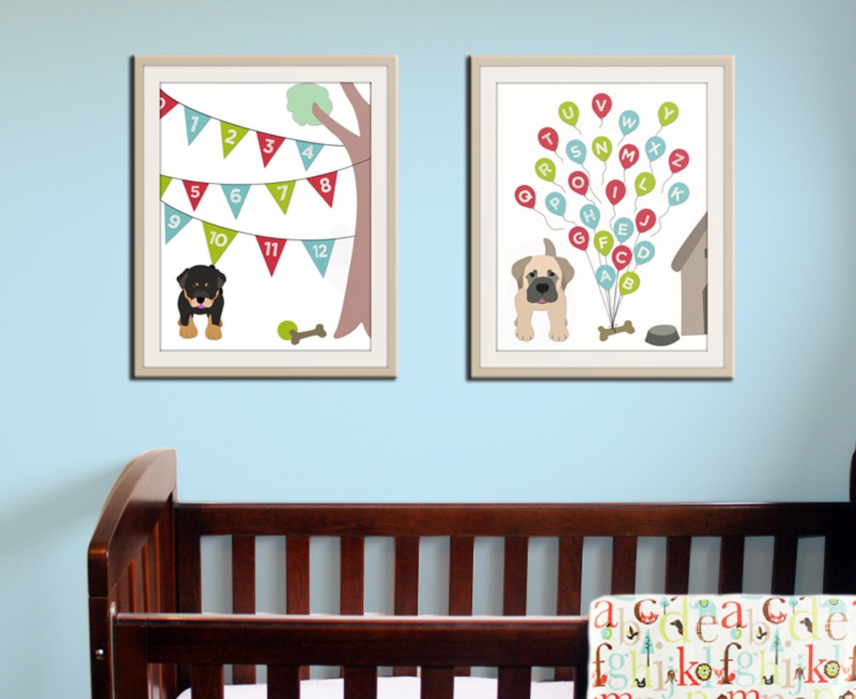 Baby nursery art print. Dog ABC nursery decor. Alphabet print, ABC print, number print childrens art. Set of 2 16x20 prints by WallFry