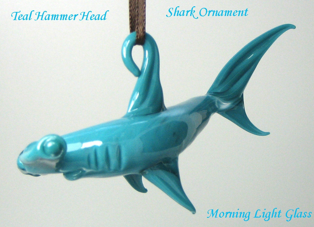 Teal Glass Hammer Head Ornament, Suncatcher, Sealife Art Glass