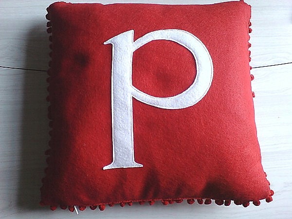 Children's/Child's Eco Custom Initial Cushion - Red Pom Pom Cushion