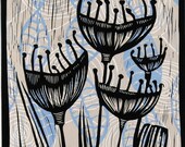 linocut print, Pods , botanical art in sky blue and biscuit beige, contemporary interior