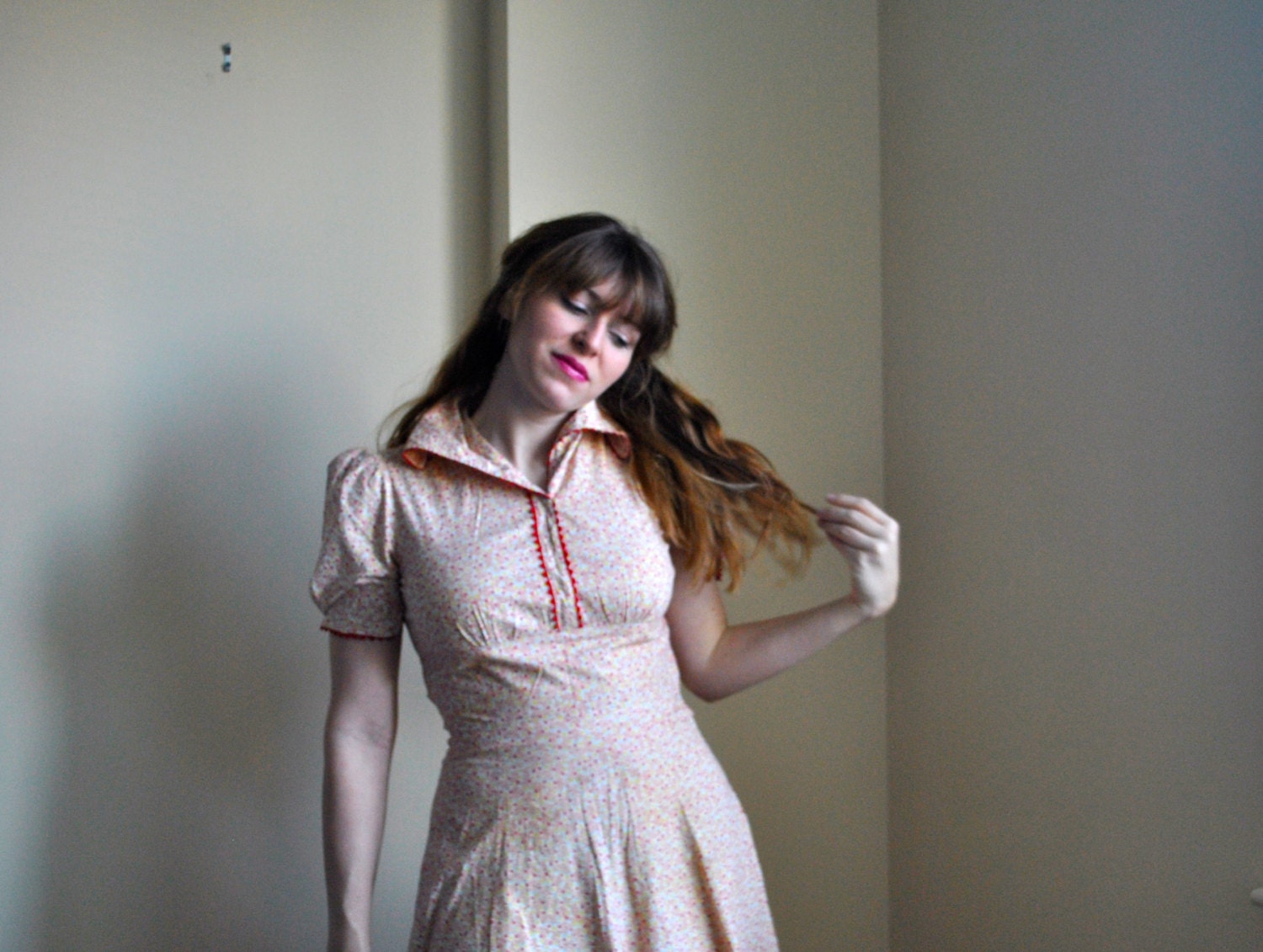 1940s Handmade Sundress - WWII Style Red Pink Yellow Flower Print XS 40s Dress
