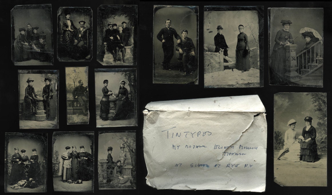 Lot of 13 Antique Tintype Photos / Snow Scenes Unusual Fashion // RYE NEW YORK