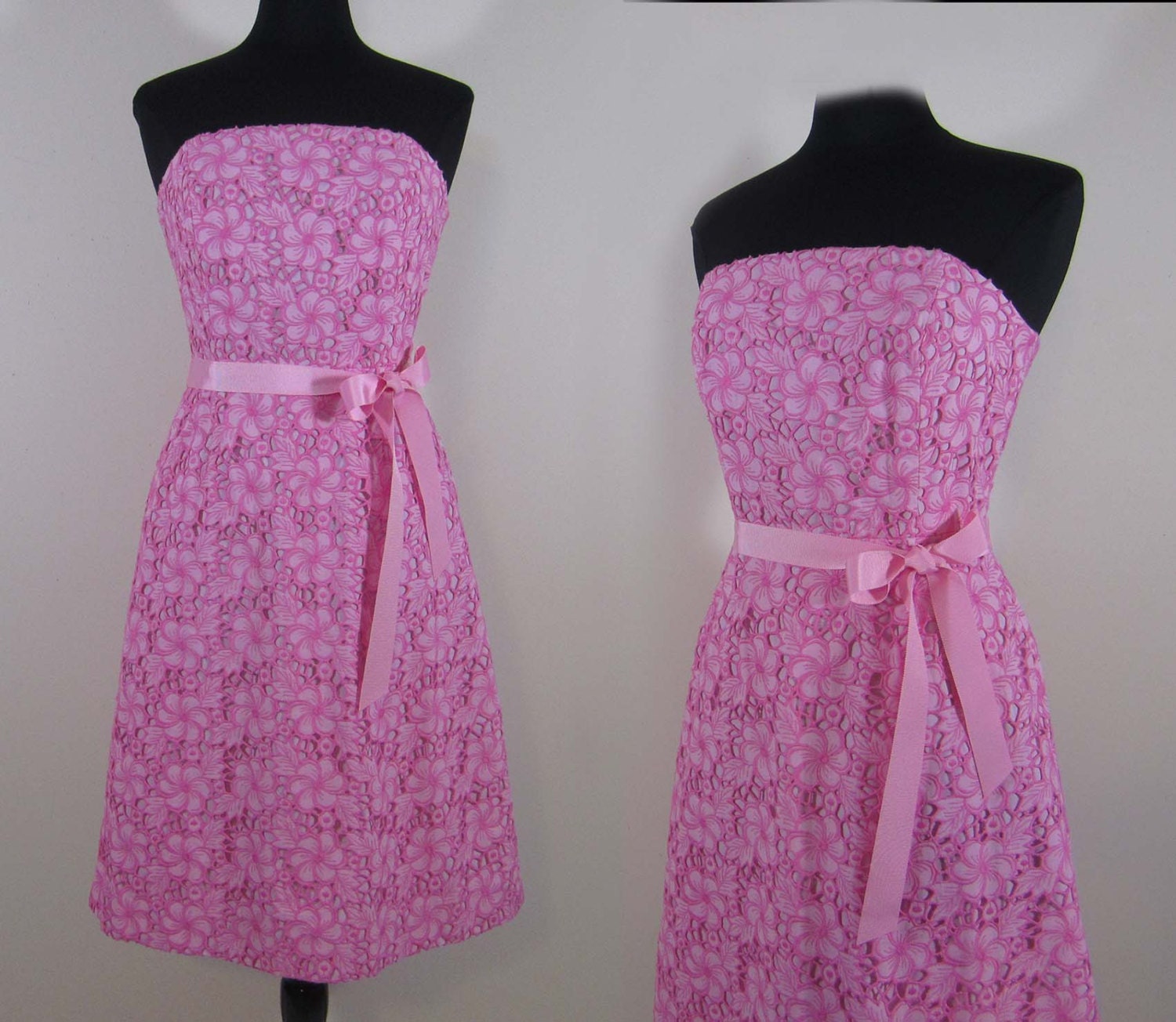 Vintage 1980s Lilly Pulitzer Dress - Strapless Pink Eyelet - A-line Skirt  - S/8 - Party, Wedding