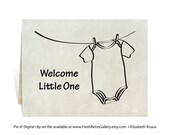 Baby shower invitation, gift card, birth announcement, wording samples. Cute Onesie on clothesline, welcome little one, stock illustration.