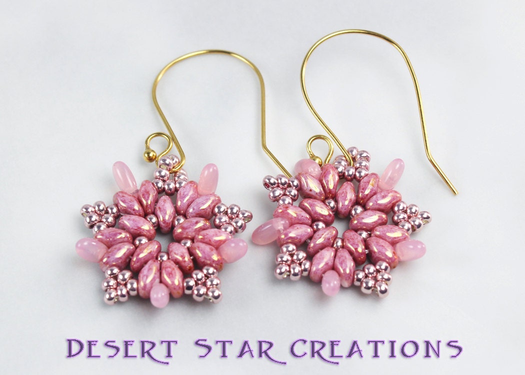 Peach and Gold Beadweaving Star Earrings, Twin and Rizo Stitched Earrings