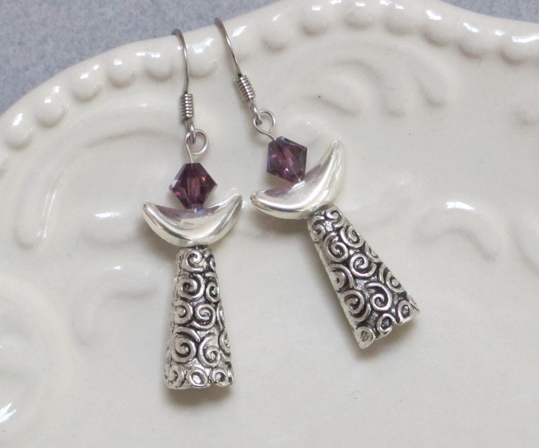 UU Chalice Earrings - Purple with Ornate Swirl Pewter Beads