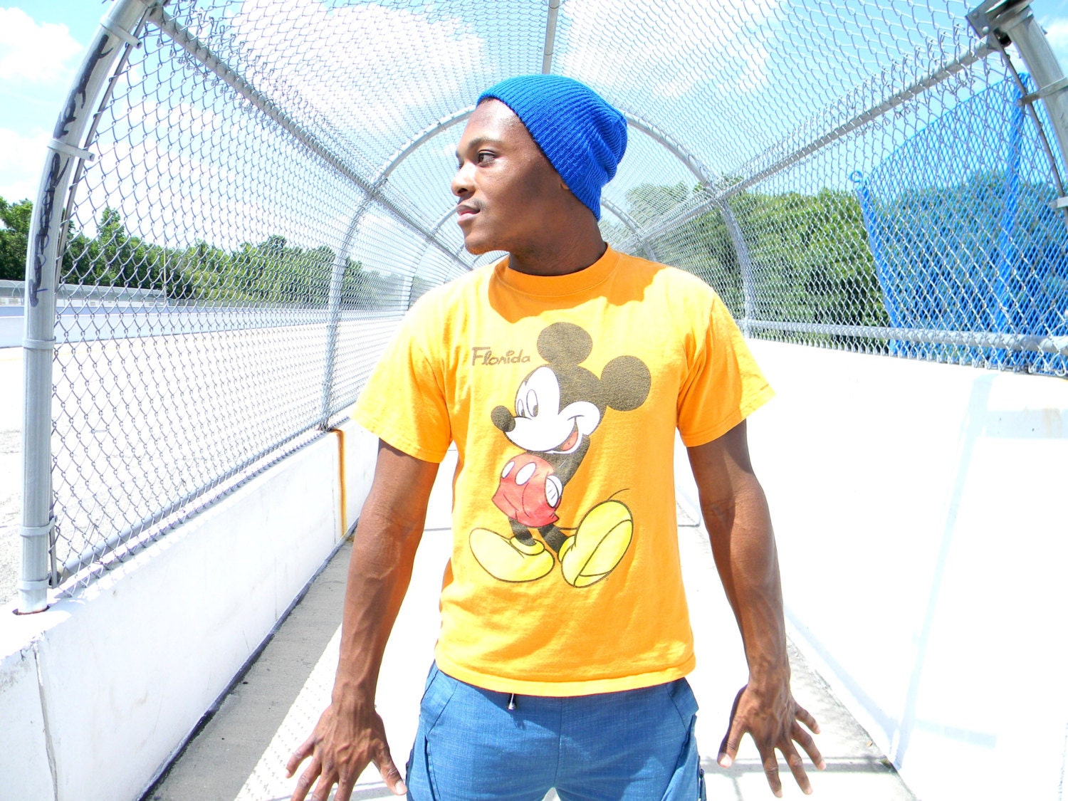 Vintage 90s DOPE Unisex Florida Tourist Souvenir T-Shirt - Distressed Orange Mickey Mouse Tee w Classic Disney Graphic - M