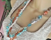 Caribbean Style Multistrand Long Necklace and Earring Set Featuring Amazonite, White Bamboo Coral and Carnelian
