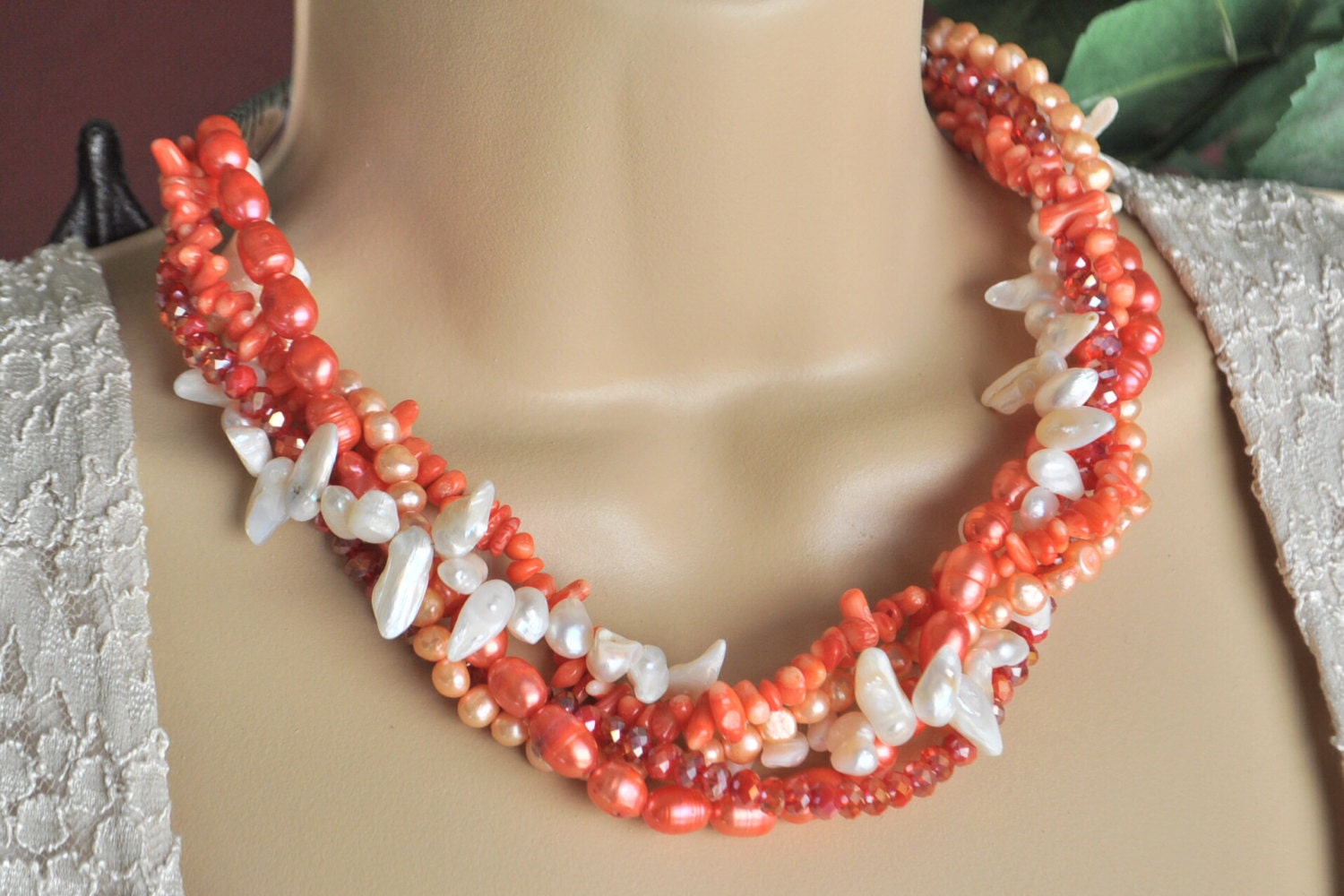 Multi Strand Necklace and Earring Set featuring Pink Pearls, Pink Bamboo Coral, White Keshi Pearls and Dark Red Coral Crystals