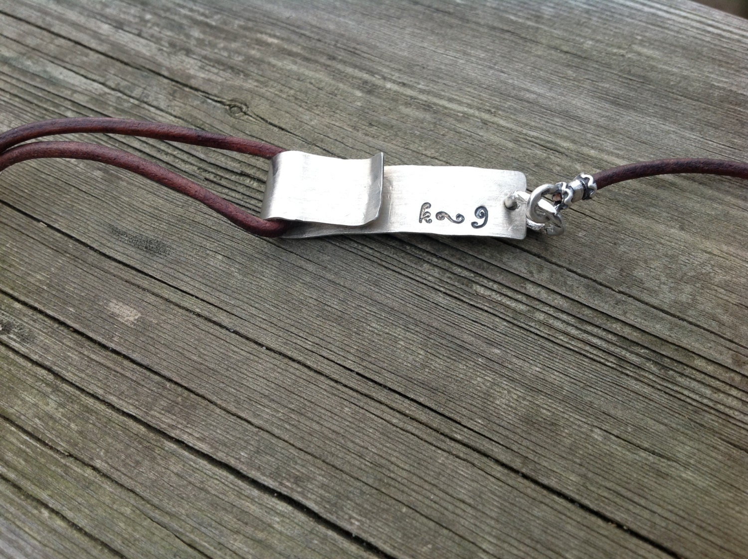 Silver hand stamped bracelet, leather cord, custom stamped