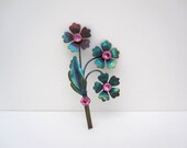 Spring Flowers Brooch - Aqua Turquoise Pink Rhinestone Pin - Spring Bouquet